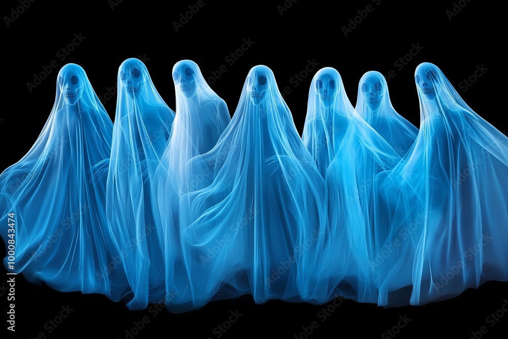 Poster four ghosts are walking in a line. halloween. the ghosts are floating in the air. group of ghostly b