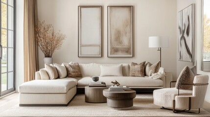 Neutral modern living room decor featuring soft beige tones, elegant furniture, and minimalist accents, creating a warm, inviting space.