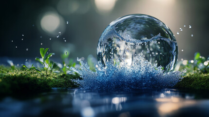 botanical abstract water ball floating in the air, 