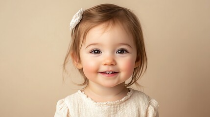 Naklejka premium A little girl with big brown eyes smiles at the camera.