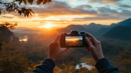 A person is taking a picture of a mountain range at sunset.