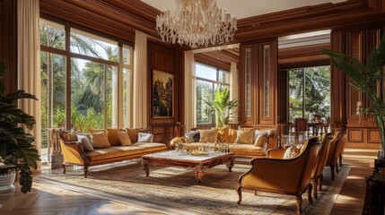 Obraz premium Spacious luxury living room featuring wooden armchairs, a marble coffee table, and a magnificent crystal chandelier, exuding sophistication.