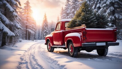 Red Truck Carrying Christmas Tree