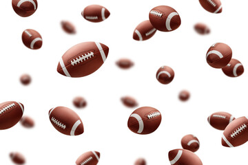 Falling American football ball, Rugby Ball isolated on white background, selective focus