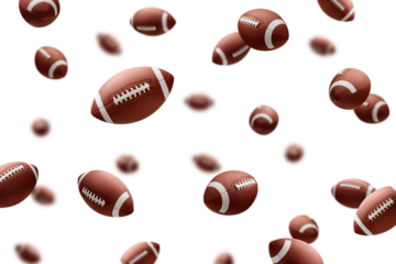 Falling American football ball, Rugby Ball isolated on white background, selective focus