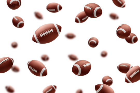 Falling American football ball, Rugby Ball isolated on white background, selective focus