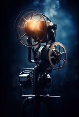 Obraz premium Vintage film projector, a nostalgic cinematic device, is lit in darkness, casting a luminous beam