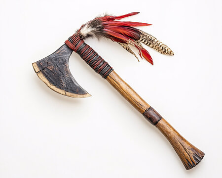 wooden tomahawk with red and black feathers on white background