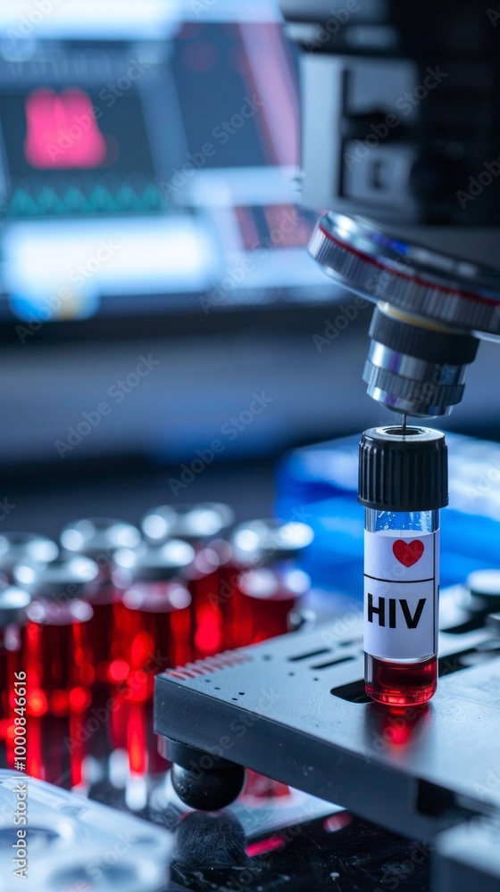 Poster a microscope is used to examine a red blood cell with the word hiv written on it