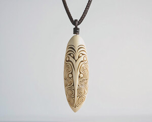 intricate carved bone pendant necklace on white background