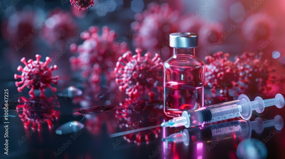 Poster a bottle of medicine and a syringe are on a table with a bunch of red things