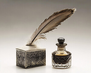 vintage quill pen and inkwell on white background