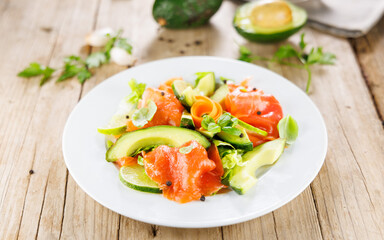 Plate of smoked salmon, avocado, and lettuce. Ideal for healthy eating and gourmet meal presentations