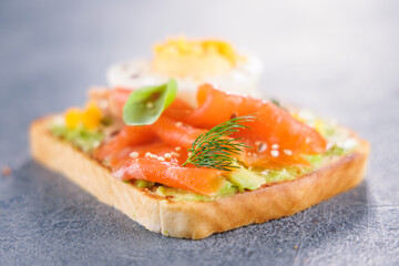 avocado toast or sandwich with smoked salmon, avocado and egg. Perfect for promoting healthy eating, brunch, and gourmet cuisine