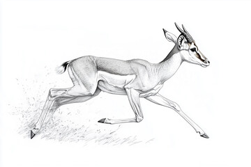 Obraz premium A striking black-and-white illustration of an impala in full sprint, showcasing its speed and agility.