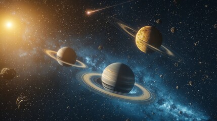 Three ringed planets in space, surrounded by an asteroid belt and a meteor, under the light of a distant star with a blue nebula backdrop.