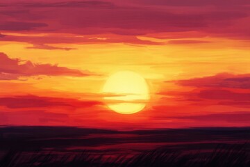 A painted sunset with a yellow sun in the orange and red sky.