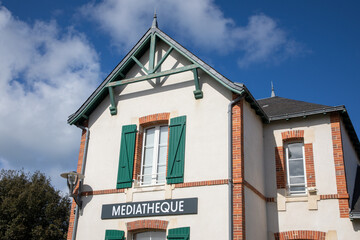 mediatheque sign french text on facade of french village building means municipal media library