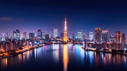 Fototapeta premium Abstract Tokyo skyline at night with neon lights and bold geometric shapes representing modern architecture