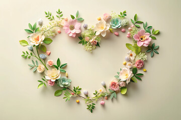 Creative Spring frame in heart shape made of fresh pastel flowers and leaves. Copy space. Soft pastel background, flat lay. Floral love decoration. Illustration, Generative AI