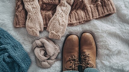 Flat lay of winter essentials for women, including a wool coat, knitted gloves, and boots arranged on a soft blanket background.
