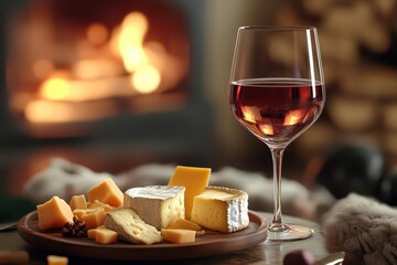 Naklejka premium Glass of red wine with assorted cheese on wooden platter.