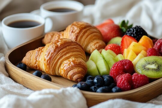 Elegant breakfast tray featuring fresh croissants and assorted fruits and coffee
