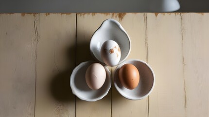 Three eggs are displayed in white dishes on a light wooden table.
