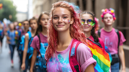 Fototapeta premium A diverse group of LGBTQ+ advocates entering schools to promote anti-discrimination work, fostering inclusivity and awareness. unity, diversity, and educational efforts towards equality.