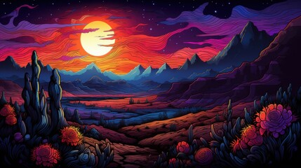 A Stylized Landscape with Mountains, a Sunset, and Flowers