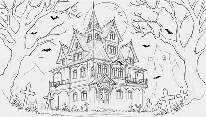 Fototapeta premium A haunted Halloween house in the forest on winter nights. Out line ar.