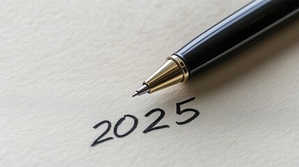 Handwritten "2025" with pen on white paper, symbolizing personal plans and goals for the future year