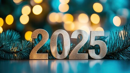 2025 in golden numbers with pine branches and bokeh lights, creating a festive new year celebration atmosphere