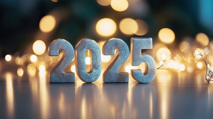 2025 in illuminated numbers with warm bokeh background, symbolizing hope and celebration for the new year