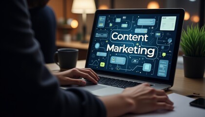 A laptop screen displays a graphic of content marketing