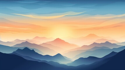 A digital illustration of a sunrise over layered mountains