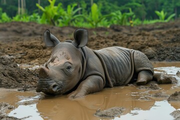 Baby rhino wallowing in muddy puddle. Conservation breeding programs and efforts to protect endangered species in their natural habitats