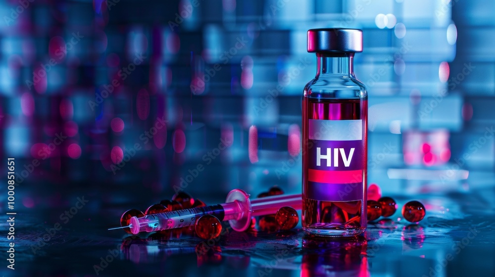 Poster a bottle of hiv medication is on a table next to a syringe