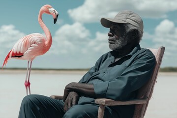 Surreal juxtaposition of elderly man and flamingo. Coexistence of humans and wildlife in changing ecosystems