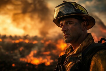 Fototapeta premium Firefighter facing raging wildfire. Climate change impacts and increasing frequency of extreme environmental disasters