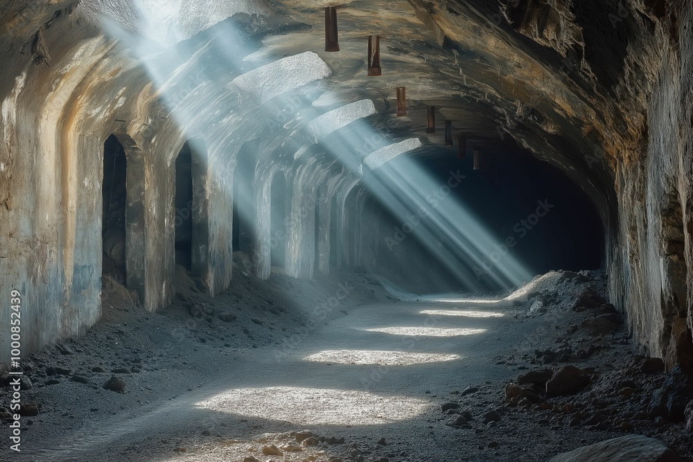 Wall mural Ethereal sunbeams illuminating abandoned tunnel. Geological wonders and human impact on natural landscapes