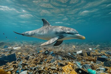 Obraz premium Dolphin swimming above ocean pollution. Urgent need for marine conservation and plastic waste reduction