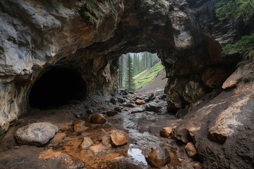 Mysterious cave entrance revealing hidden forest. Geological processes and unexplored natural wonders