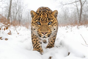 Leopard in snowy landscape. Wildlife adaptation and conservation challenges in changing climates
