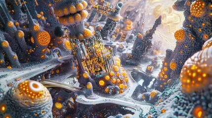 Microscopic Cityscape: Vibrant 3D Visualization of a Thriving Microorganism Metropolis with Nutrient Highways