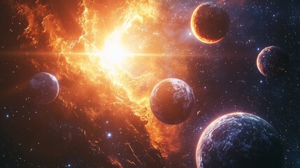 Obraz premium A bright star casts light on orbiting planets, highlighting them against a backdrop of nebulae and twinkling stars.