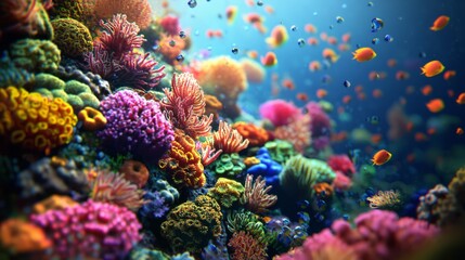 Fototapeta premium Dazzling 3D Visualization of Microscopic Coral Reef Ecosystem - Vibrant Colors and Tiny Marine Life