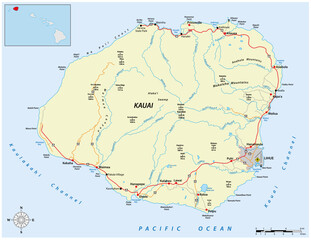 Road map of the hawaiian island of kauai, united states