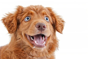 Fototapeta premium Close up of Funny Dog with wide eyes and open mouth expressing surprise or curiosity. A white background highlights the dogs bright coat and expressive face