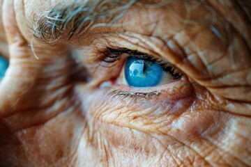 striking close up portrait of an elderly woman with deep wrinkles and piercing blue eyes. dramatic lighting highlights his features, creating a strong and contemplative expression against a dark
